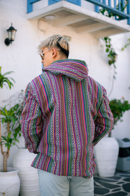 Unisex Aztec Print Fleece-Lined Hoodie: Handmade Gheri Cotton Jacket