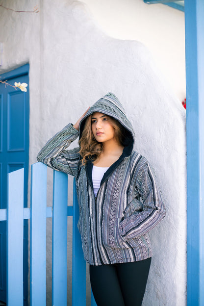 Unisex Aztec Print Fleece-Lined Hoodie: Handmade Gheri Cotton Jacket