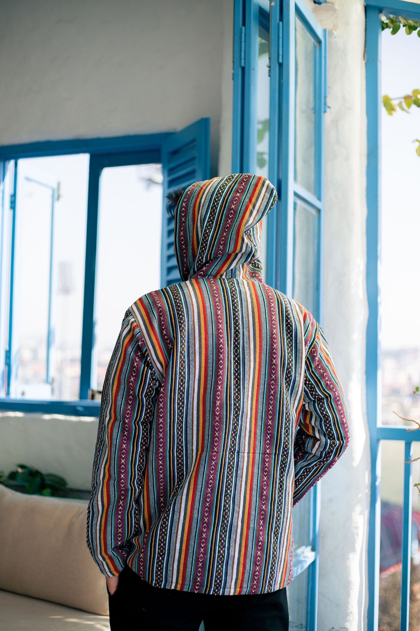 Unisex Aztec Print Fleece-Lined Hoodie: Handmade Gheri Cotton Jacket
