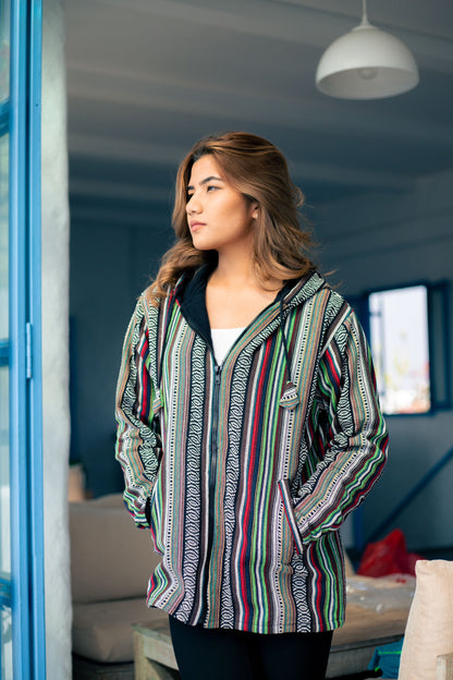 Unisex Aztec Print Fleece-Lined Hoodie: Handmade Gheri Cotton Jacket