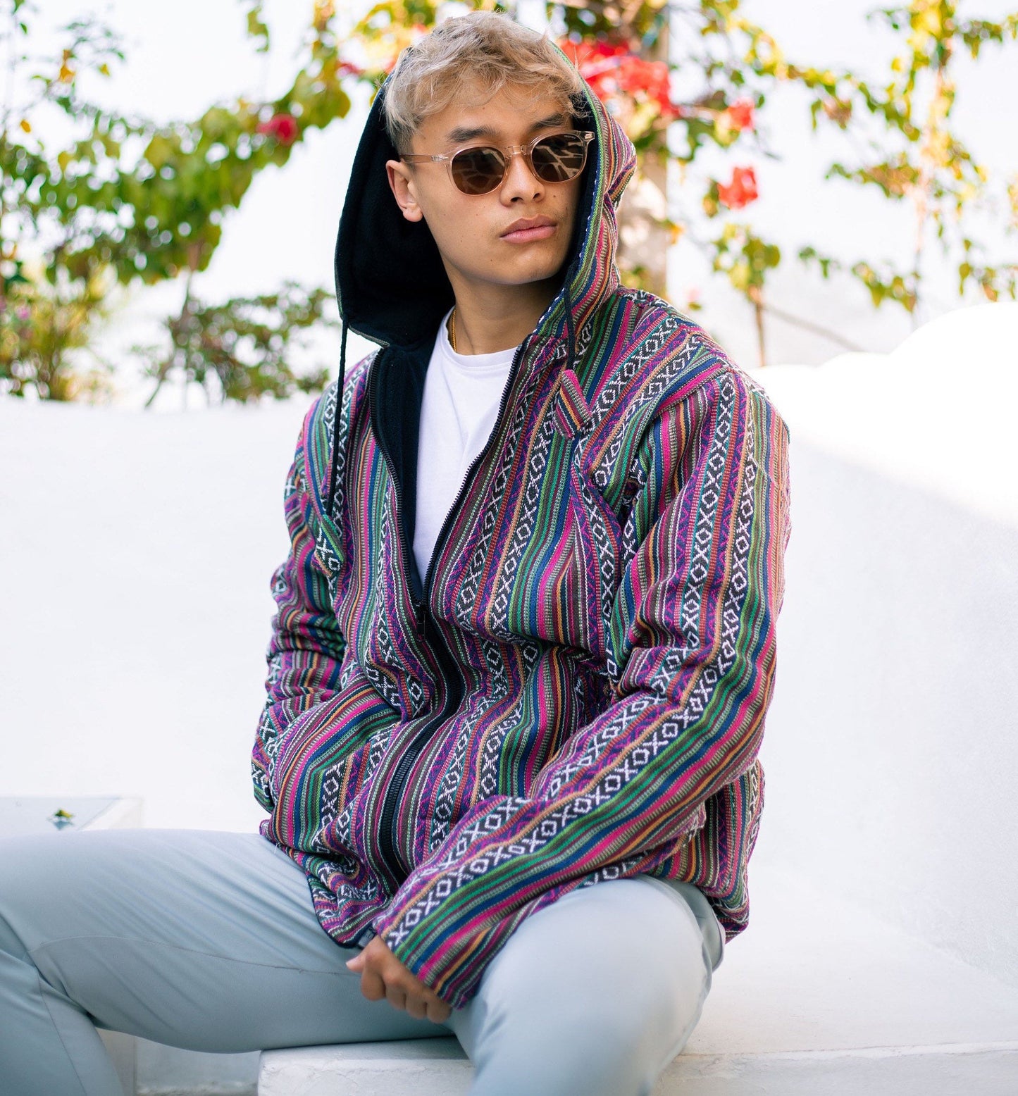 Unisex Aztec Print Fleece-Lined Hoodie: Handmade Gheri Cotton Jacket
