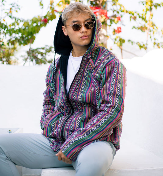 Unisex Aztec Print Fleece-Lined Hoodie: Handmade Gheri Cotton Jacket