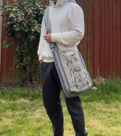Handmade Cotton Hobo Bag with Mushroom and Bodhi Tree Print | Unisex Boho Casual Bag