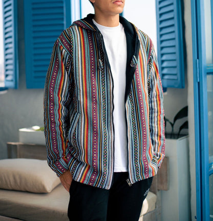 Unisex Aztec Print Fleece-Lined Hoodie: Handmade Gheri Cotton Jacket