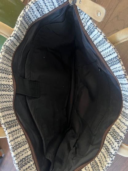 Large Cotton Leather Boho Tote Bag, Zipper Work Shoulder Bag