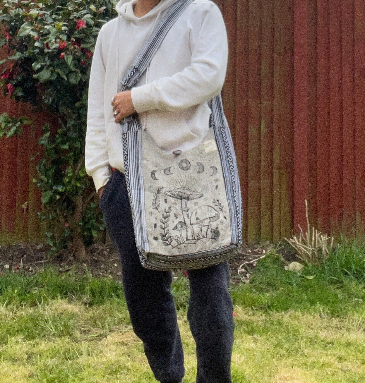 Handmade Cotton Hobo Bag with Mushroom and Bodhi Tree Print | Unisex Boho Casual Bag