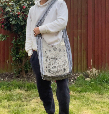 Handmade Cotton Hobo Bag with Mushroom and Bodhi Tree Print | Unisex Boho Casual Bag