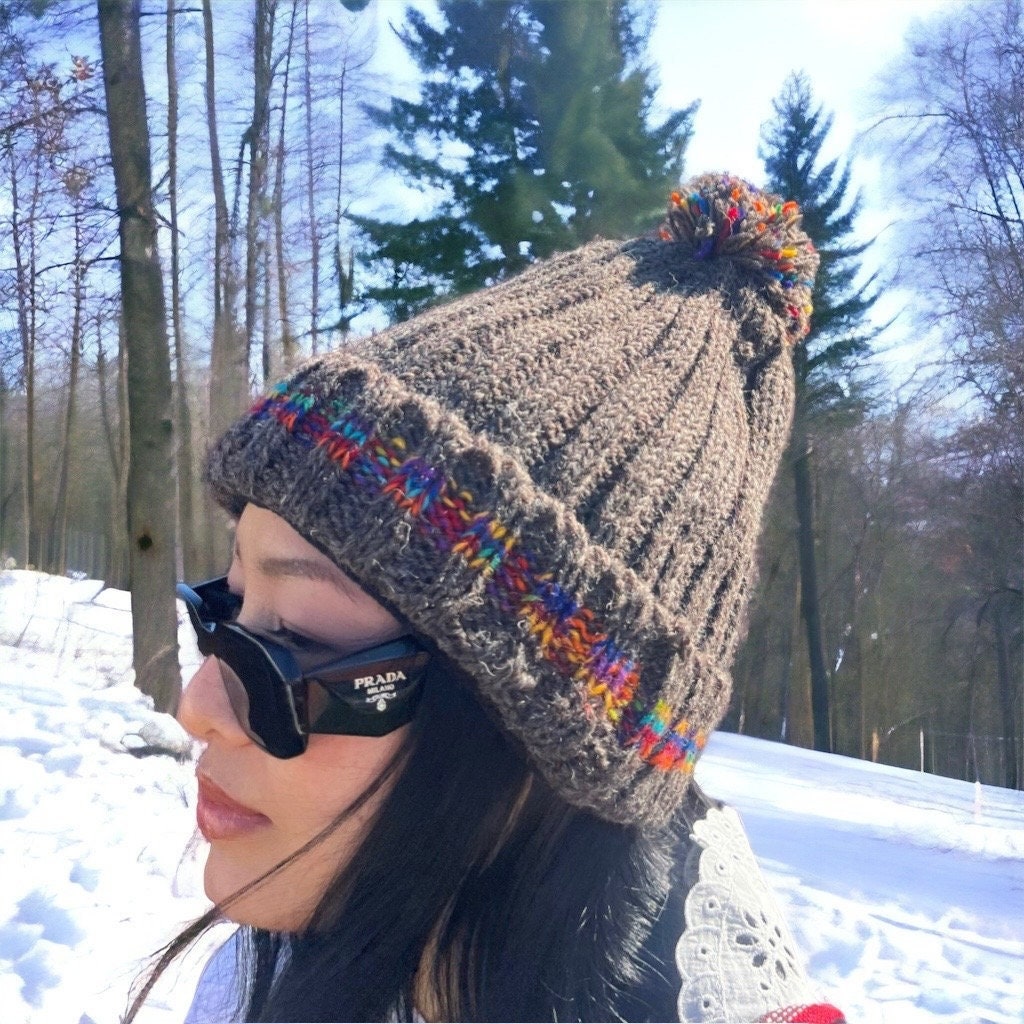 Hand-Knitted Chunky Cable Knit Beanie: Faux Fur Pom Pom, Winter Hat
