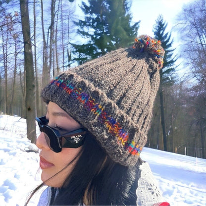 Hand-Knitted Chunky Cable Knit Beanie: Faux Fur Pom Pom, Winter Hat