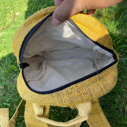 Handmade Mini Hemp Backpack: Eco-Friendly Yellow Bag
