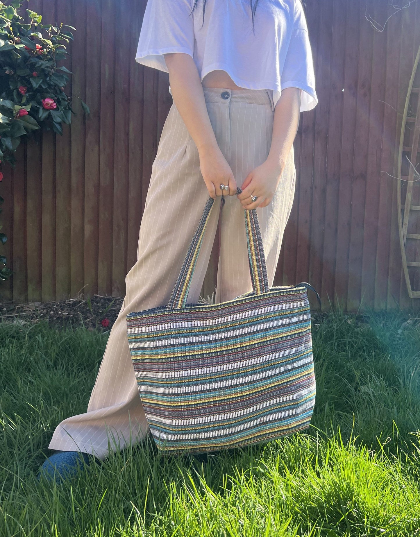 Handmade Cotton Tote Bag: Chain Detail, Zipper Closure