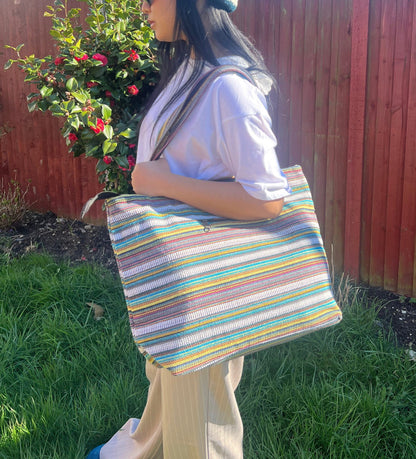 Handmade Cotton Tote Bag: Chain Detail, Zipper Closure