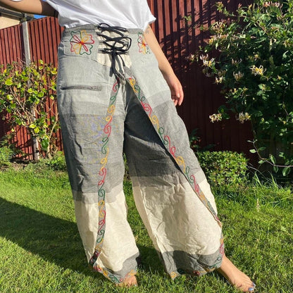 Embroidered Butterfly Cotton Palazzo Trousers: High Waisted Wide Leg Handmade Pants