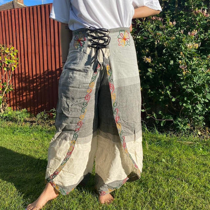 Embroidered Butterfly Cotton Palazzo Trousers: High Waisted Wide Leg Handmade Pants