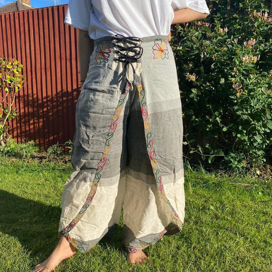 Embroidered Butterfly Cotton Palazzo Trousers: High Waisted Wide Leg Handmade Pants