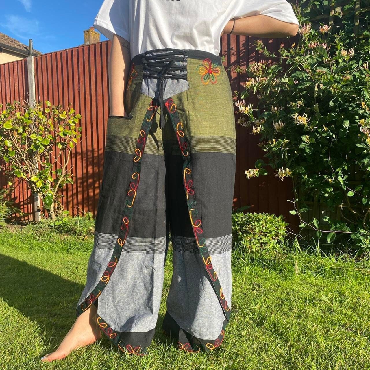 Embroidered Butterfly Cotton Palazzo Trousers: High Waisted Wide Leg Handmade Pants