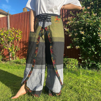 Embroidered Butterfly Cotton Palazzo Trousers: High Waisted Wide Leg Handmade Pants