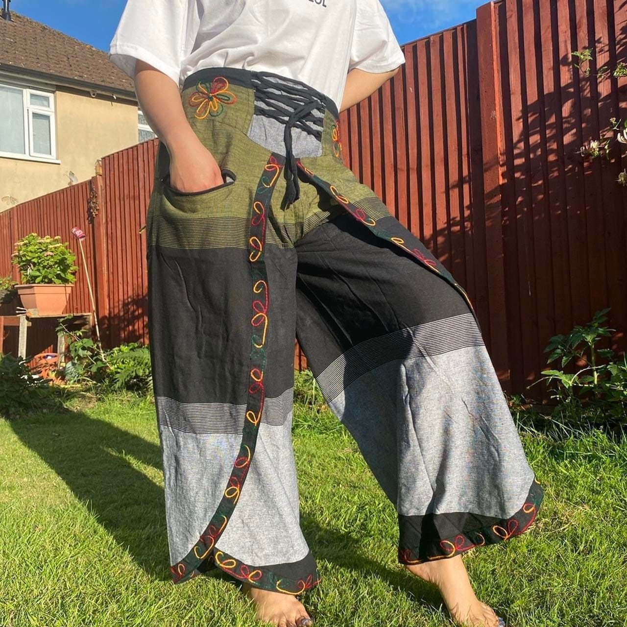 Embroidered Butterfly Cotton Palazzo Trousers: High Waisted Wide Leg Handmade Pants