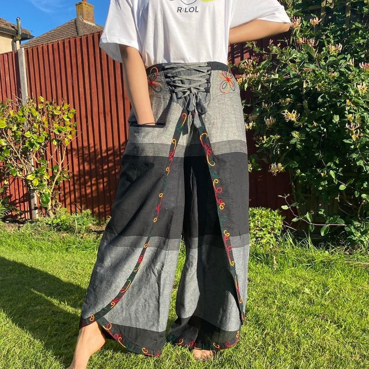 Embroidered Butterfly Cotton Palazzo Trousers: High Waisted Wide Leg Handmade Pants