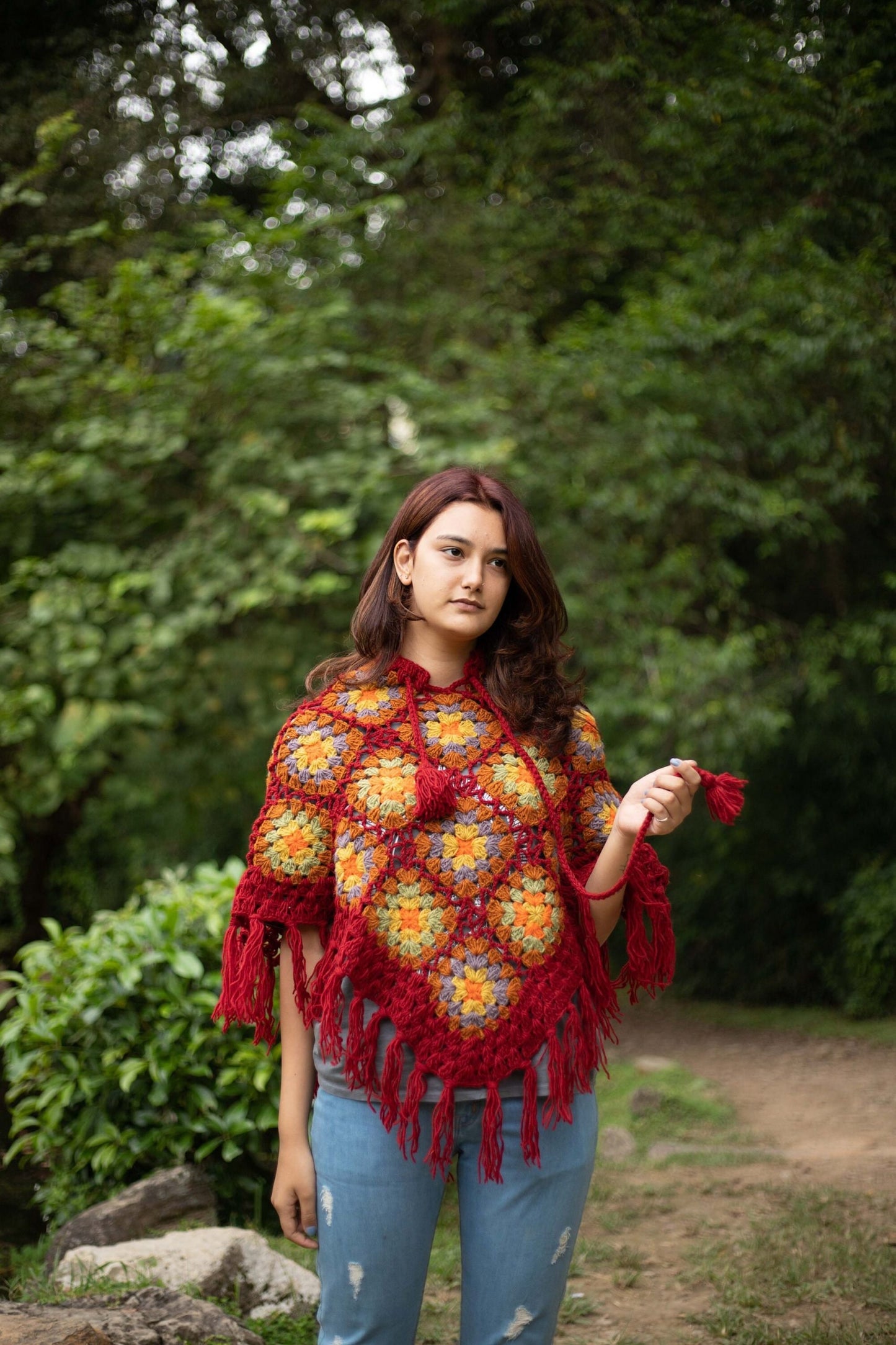 Handknitted Wool Poncho: Boho Floral Festival Wrap