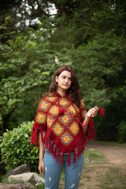 Handknitted Wool Poncho: Boho Floral Festival Wrap
