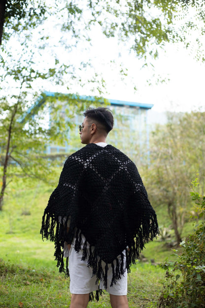 Handknitted Wool Poncho: Boho Floral Festival Wrap