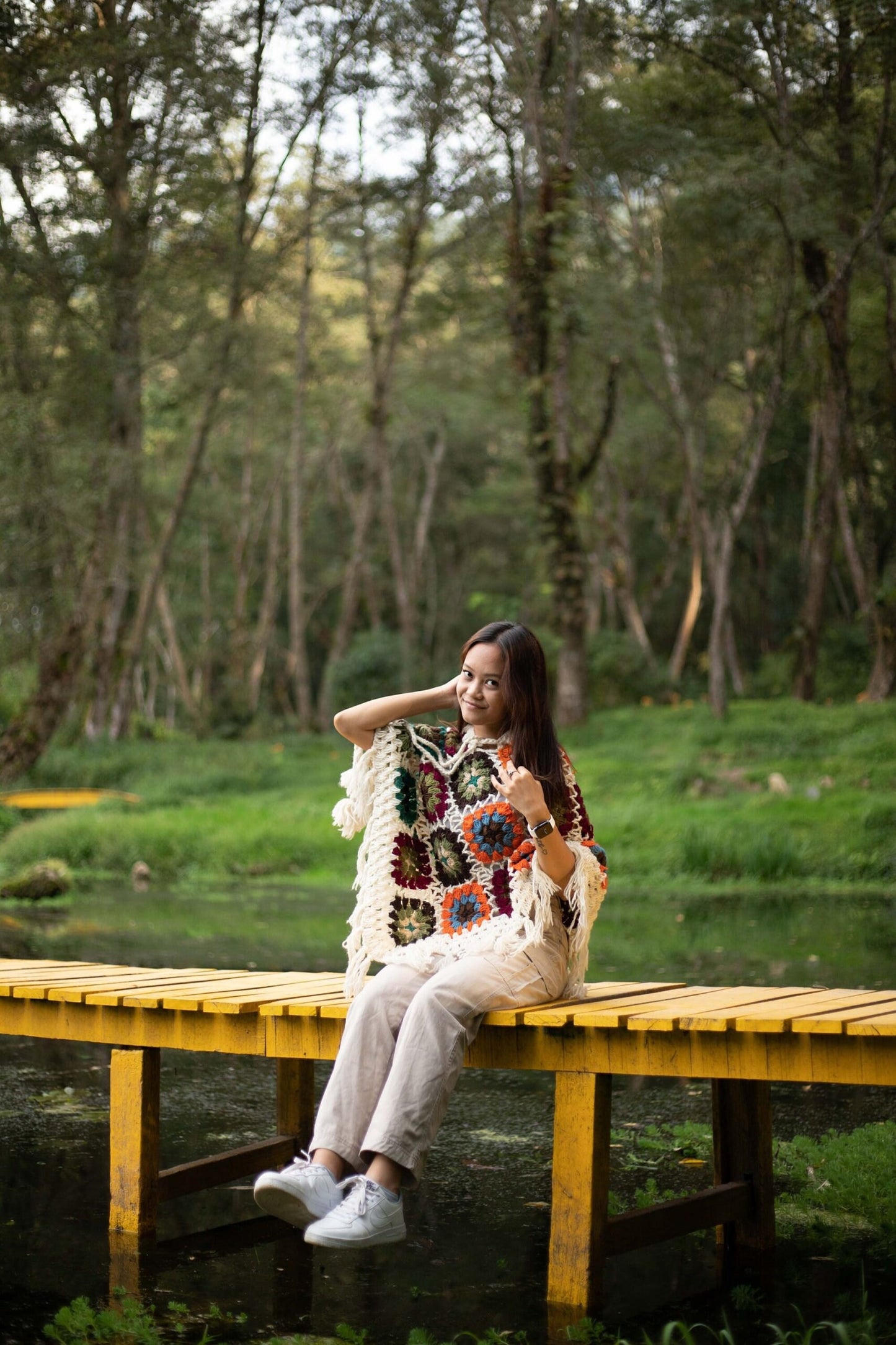 Handknitted Wool Poncho: Boho Floral Festival Wrap