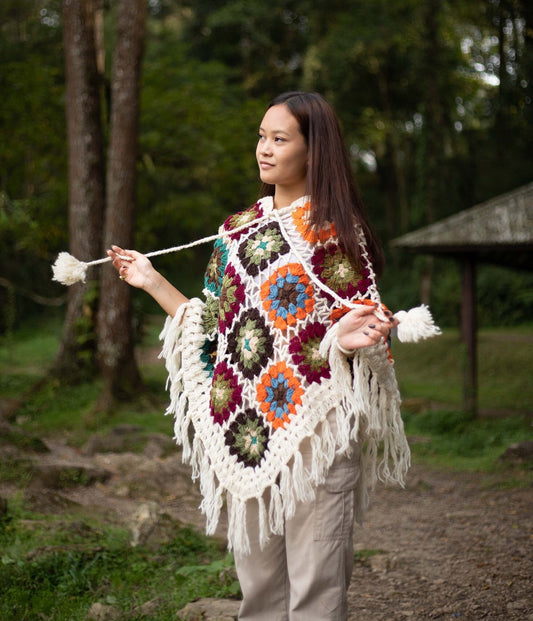 Handknitted Wool Poncho: Boho Floral Festival Wrap
