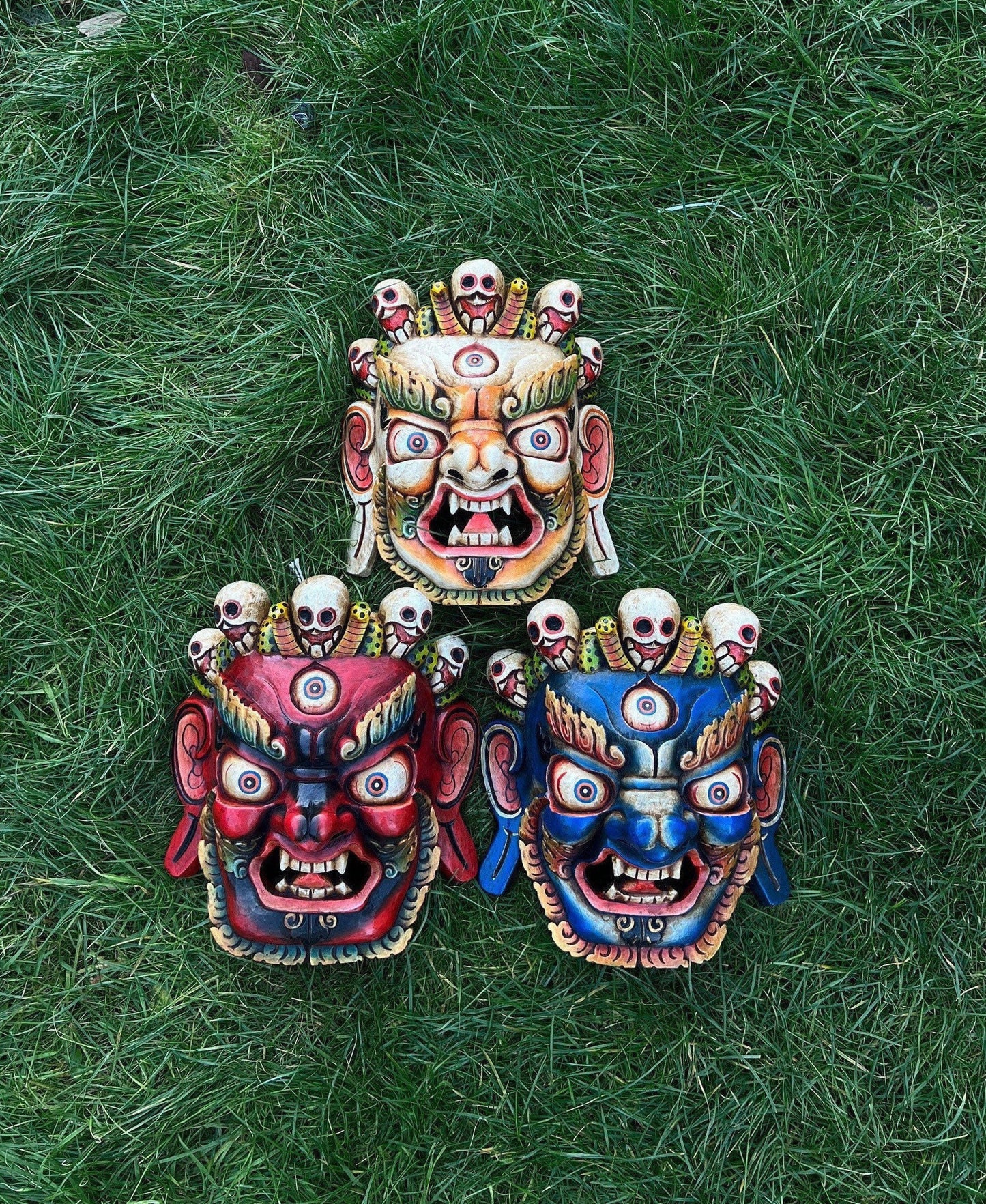 Hand Carved Mahakala Wood Mask: Nepali Bhairav Wall Hanging