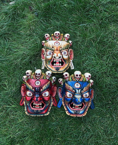 Hand Carved Mahakala Wood Mask: Nepali Bhairav Wall Hanging