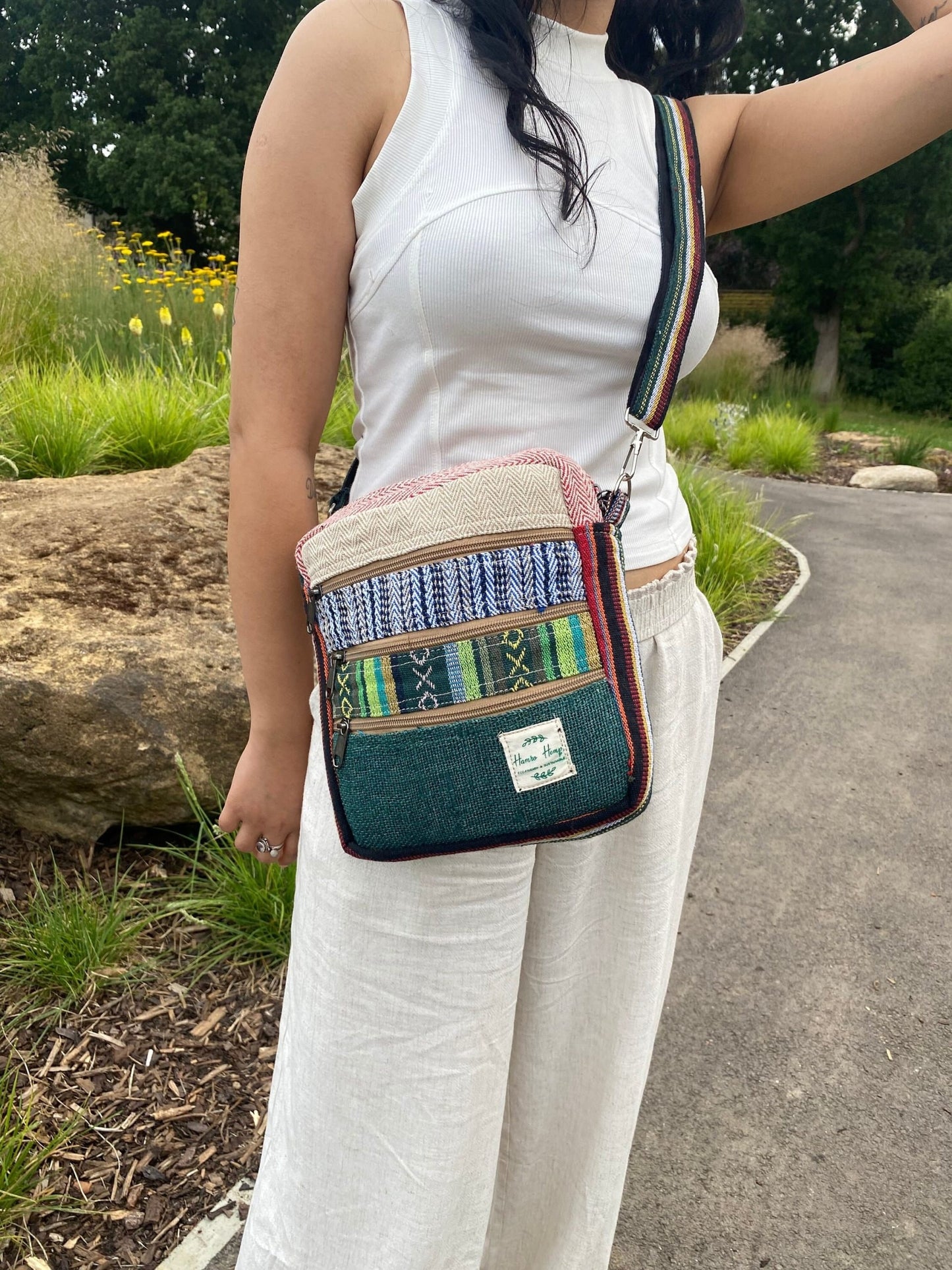 Boho Hemp Crossbody Bag: Handmade 5-Pocket Mini Purse