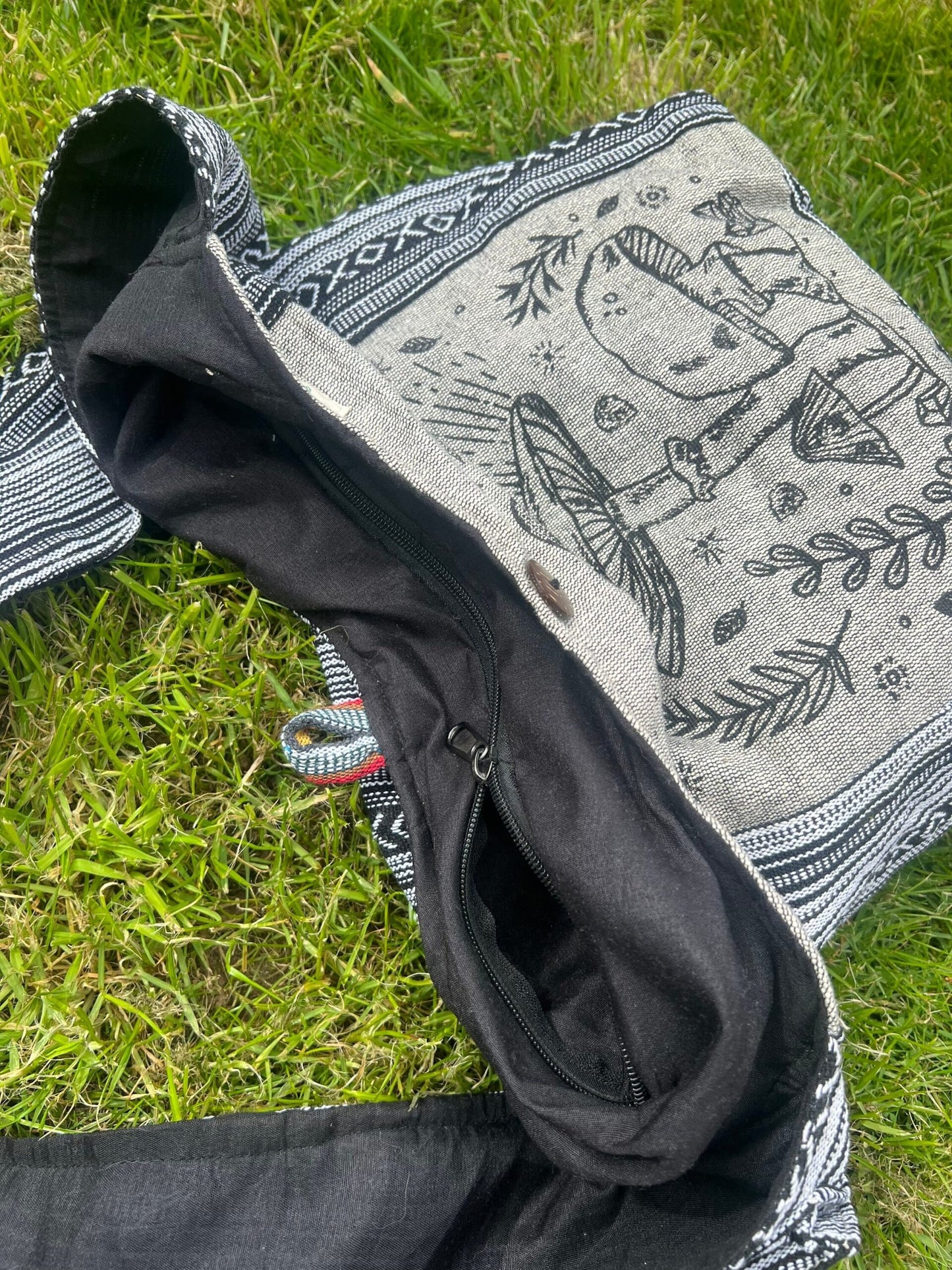 Handmade Cotton Hobo Bag with Mushroom and Bodhi Tree Print | Unisex Boho Casual Bag