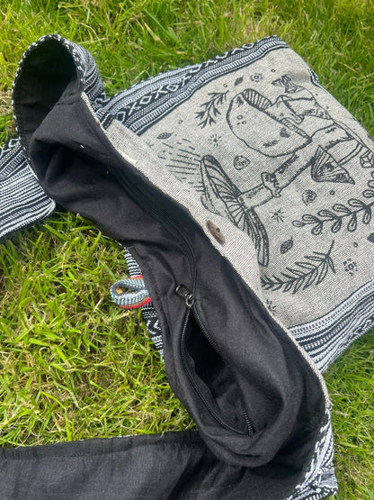 Handmade Cotton Hobo Bag with Mushroom and Bodhi Tree Print | Unisex Boho Casual Bag