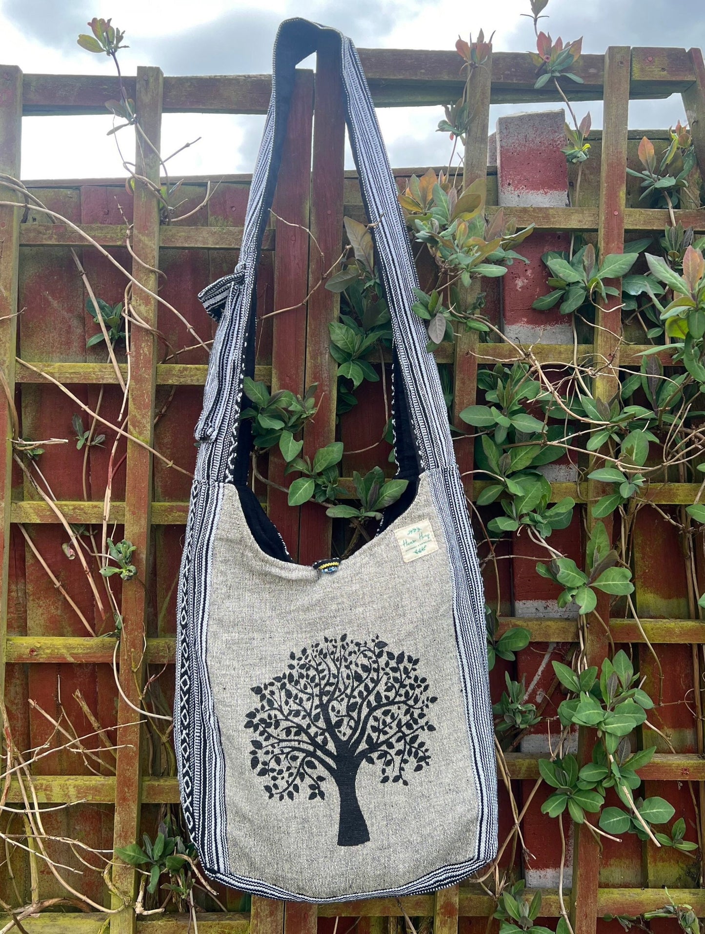 Handmade Cotton Hobo Bag with Mushroom and Bodhi Tree Print | Unisex Boho Casual Bag