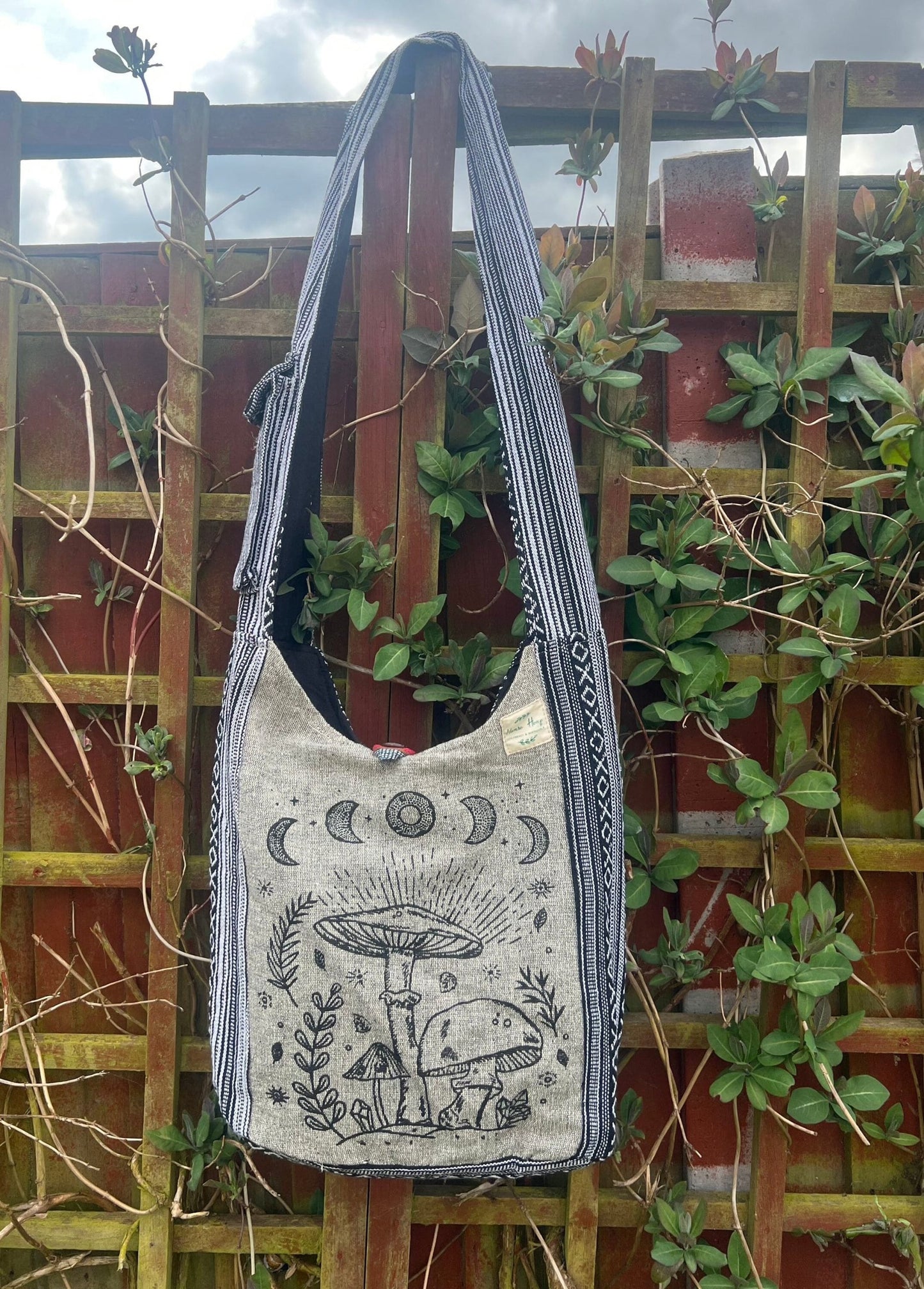 Handmade Cotton Hobo Bag with Mushroom and Bodhi Tree Print | Unisex Boho Casual Bag