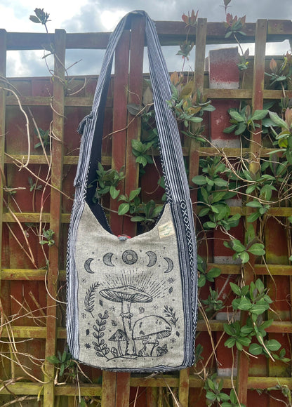 Handmade Cotton Hobo Bag with Mushroom and Bodhi Tree Print | Unisex Boho Casual Bag