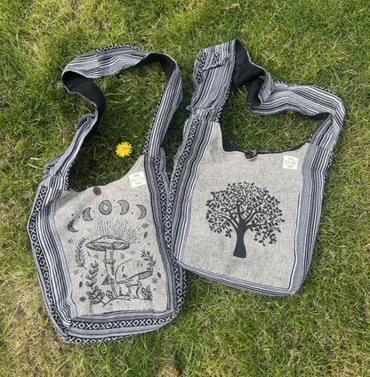 Handmade Cotton Hobo Bag with Mushroom and Bodhi Tree Print | Unisex Boho Casual Bag
