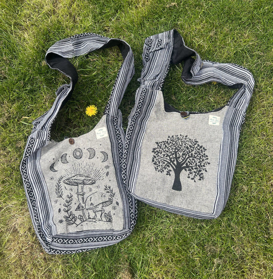 Handmade Cotton Hobo Bag with Mushroom and Bodhi Tree Print | Unisex Boho Casual Bag