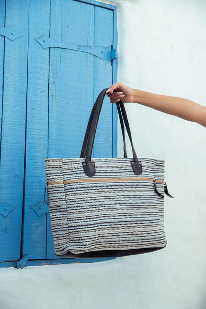 Large Cotton Leather Boho Tote Bag, Zipper Work Shoulder Bag