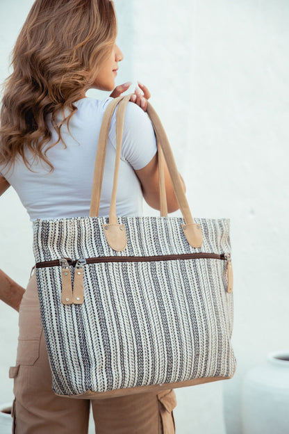 Large Cotton Leather Boho Tote Bag, Zipper Work Shoulder Bag