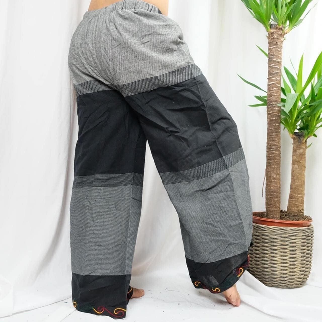 Embroidered Butterfly Cotton Palazzo Trousers: High Waisted Wide Leg Handmade Pants