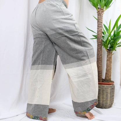 Embroidered Butterfly Cotton Palazzo Trousers: High Waisted Wide Leg Handmade Pants