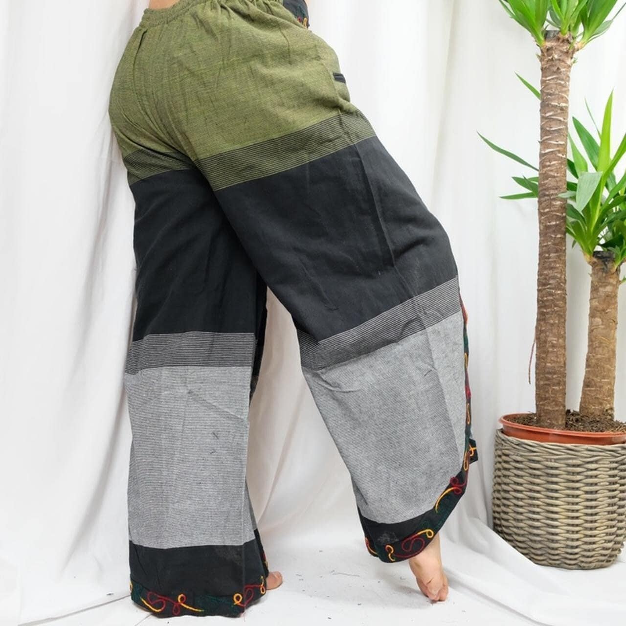 Embroidered Butterfly Cotton Palazzo Trousers: High Waisted Wide Leg Handmade Pants