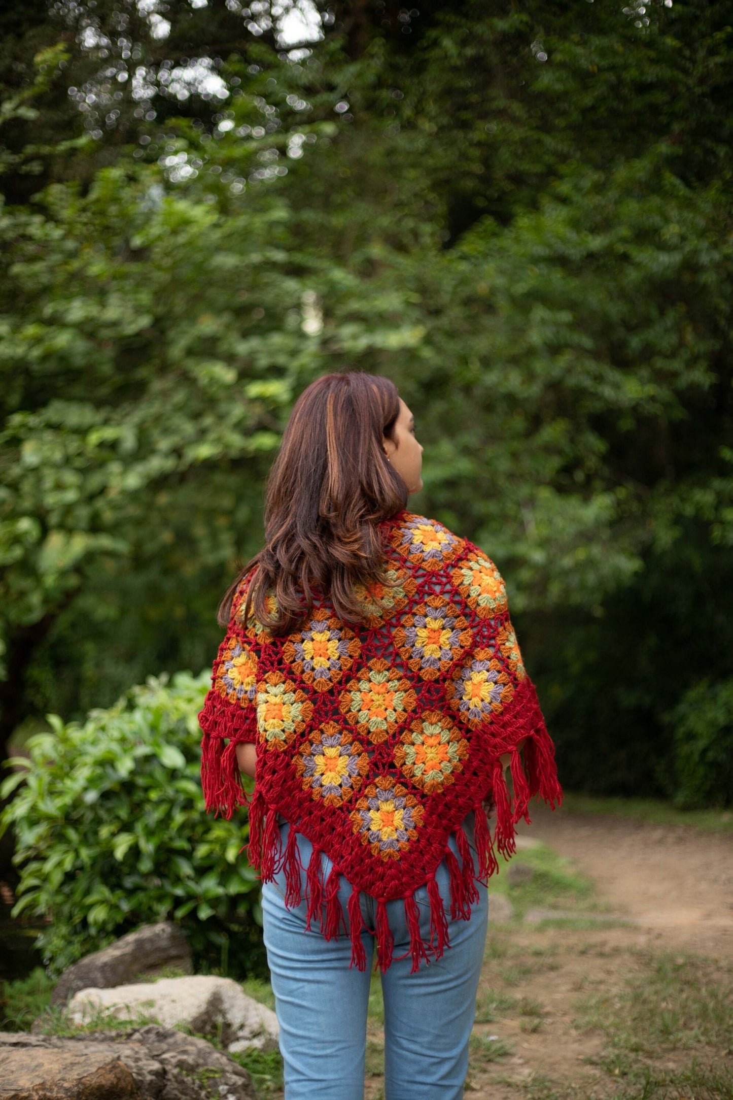 Handknitted Wool Poncho: Boho Floral Festival Wrap