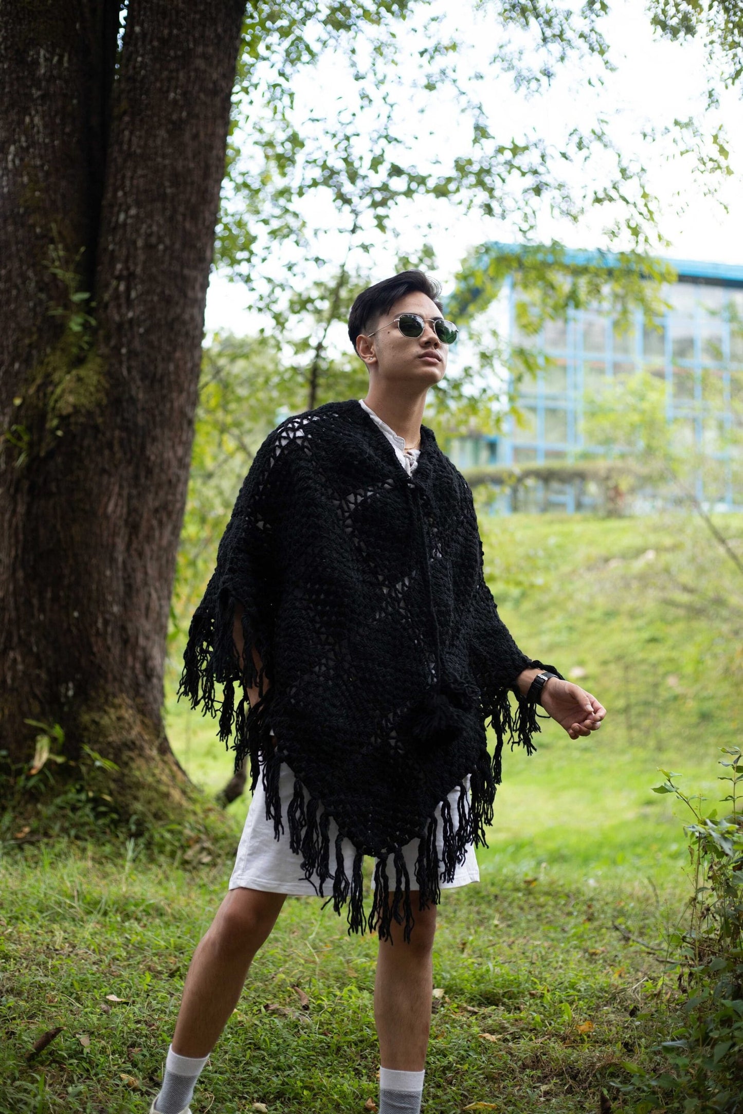 Handknitted Wool Poncho: Boho Floral Festival Wrap