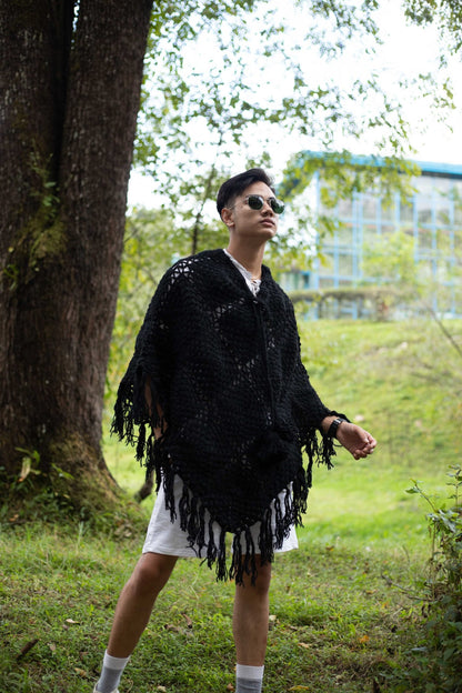 Handknitted Wool Poncho: Boho Floral Festival Wrap