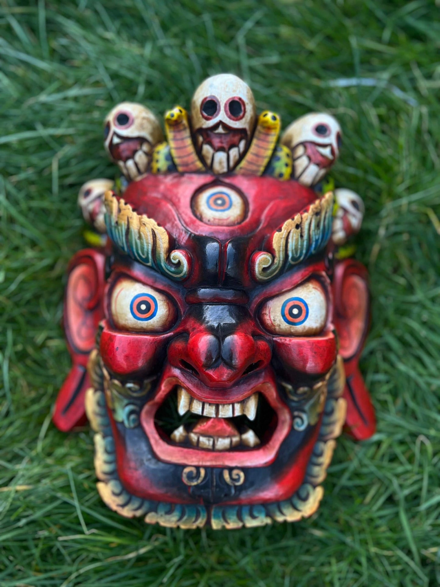 Hand Carved Mahakala Wood Mask: Nepali Bhairav Wall Hanging
