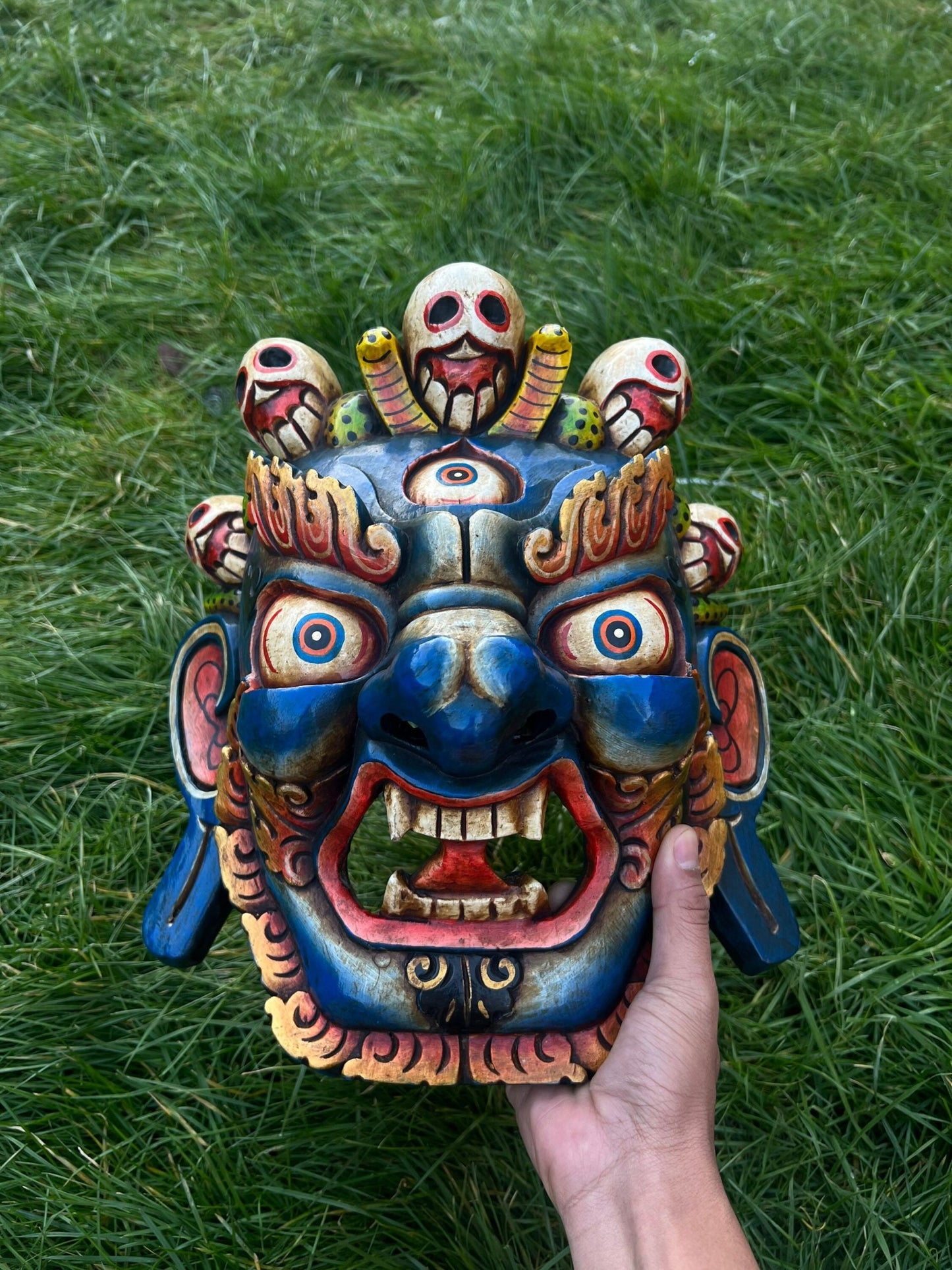 Hand Carved Mahakala Wood Mask: Nepali Bhairav Wall Hanging