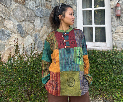 Handmade Cotton Patchwork Shirt: Nepali Blockprint Overdye, Festival Hippie Style