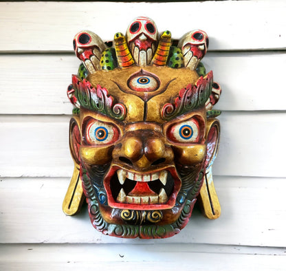 Hand Carved Mahakala Wood Mask: Nepali Bhairav Wall Hanging